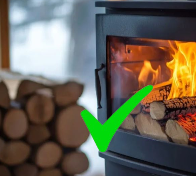 Burning wood stove with a stack of firewood nearby.
