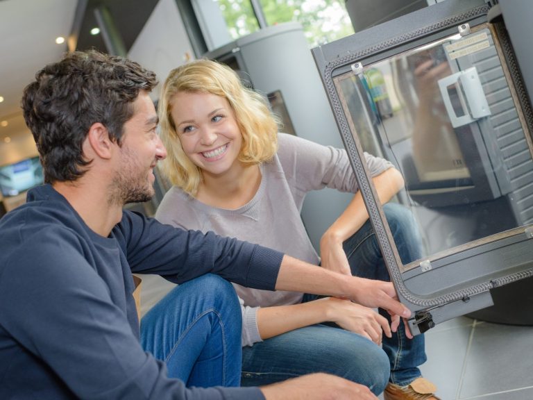 Young couple choosing wood burner
